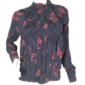 Christian Dior Silk Blouse Dark Blue Floral Print Button Cuff Size 6